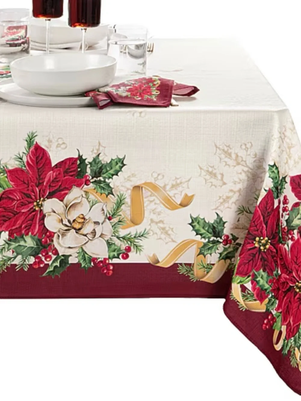 Holiday Poinsettia Tablecloth - Red and White
